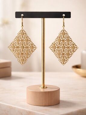 Intricate Filigree Diamond Drop Earrings - Gold Tone